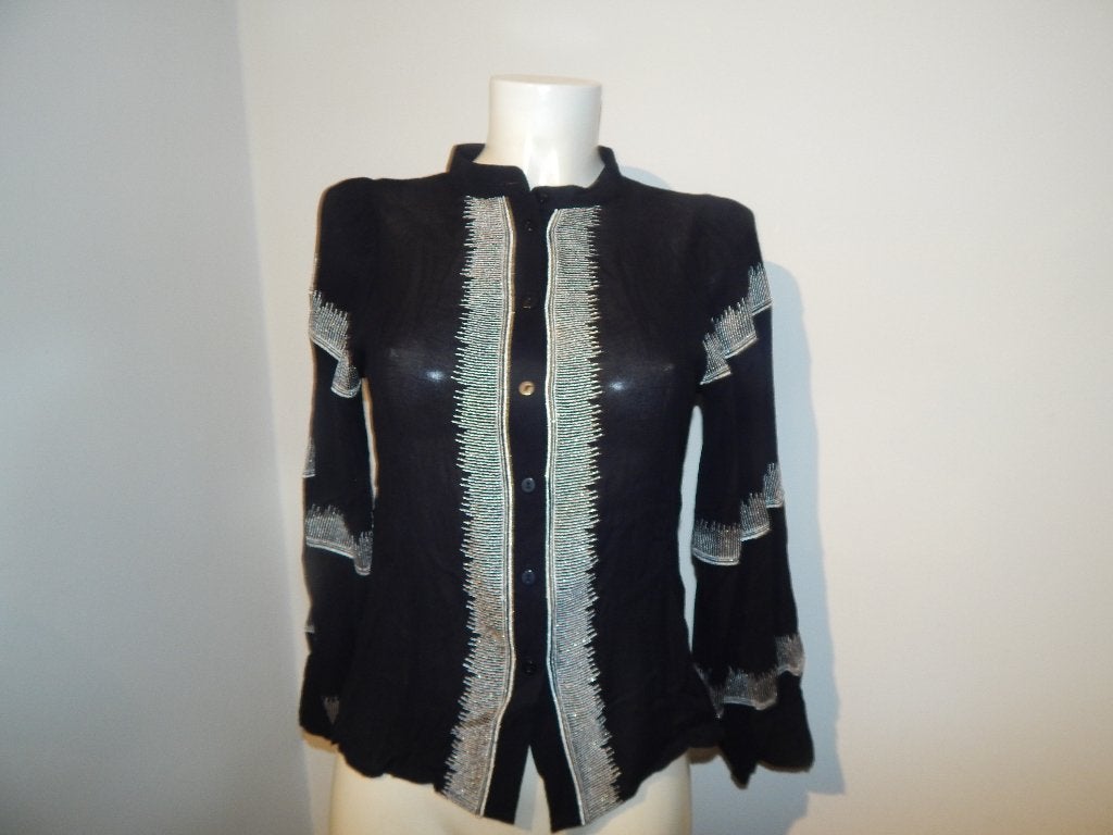 Antik Batik zwarte voile blouse zilveren sier werk stof S