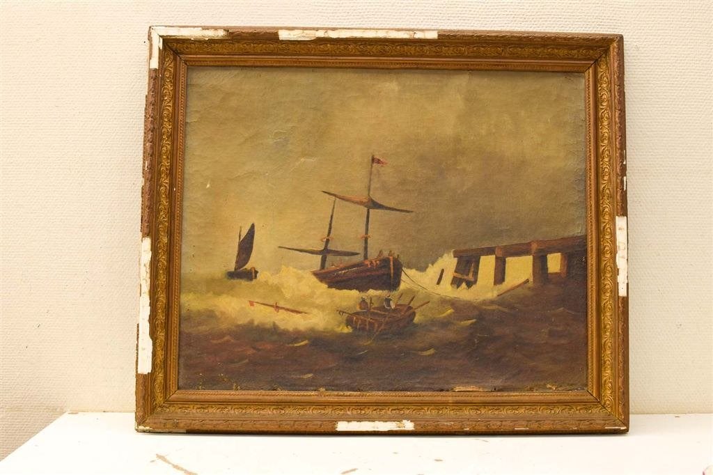 schilderij van een zee met schepen 50777, Ophalen of Verzenden, Gebruikt, Schilderij