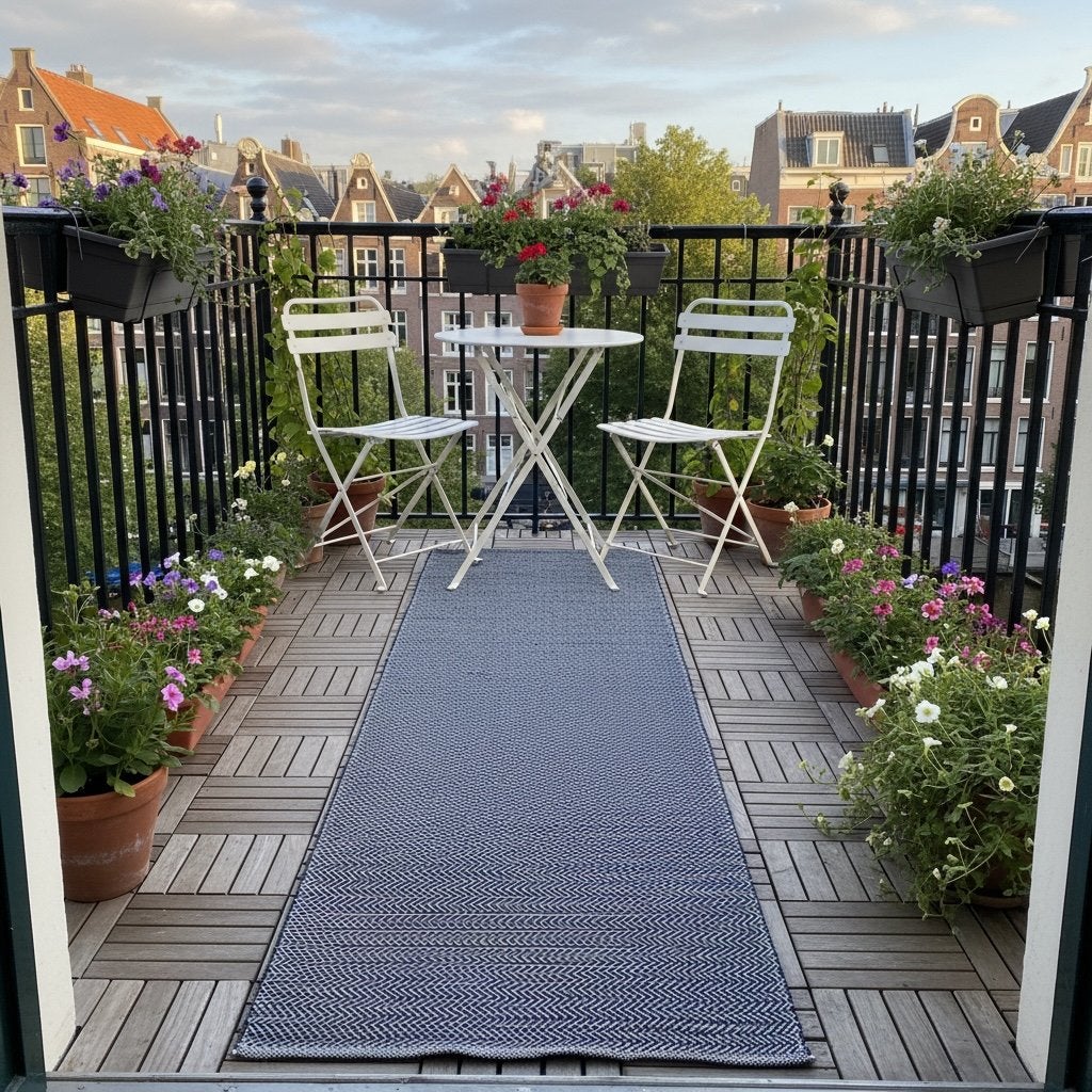 Premium Handgeweven Binnen/Buiten Vloerkleed - Runner, Blauw, 200 cm of meer, Zo goed als nieuw, Rechthoekig