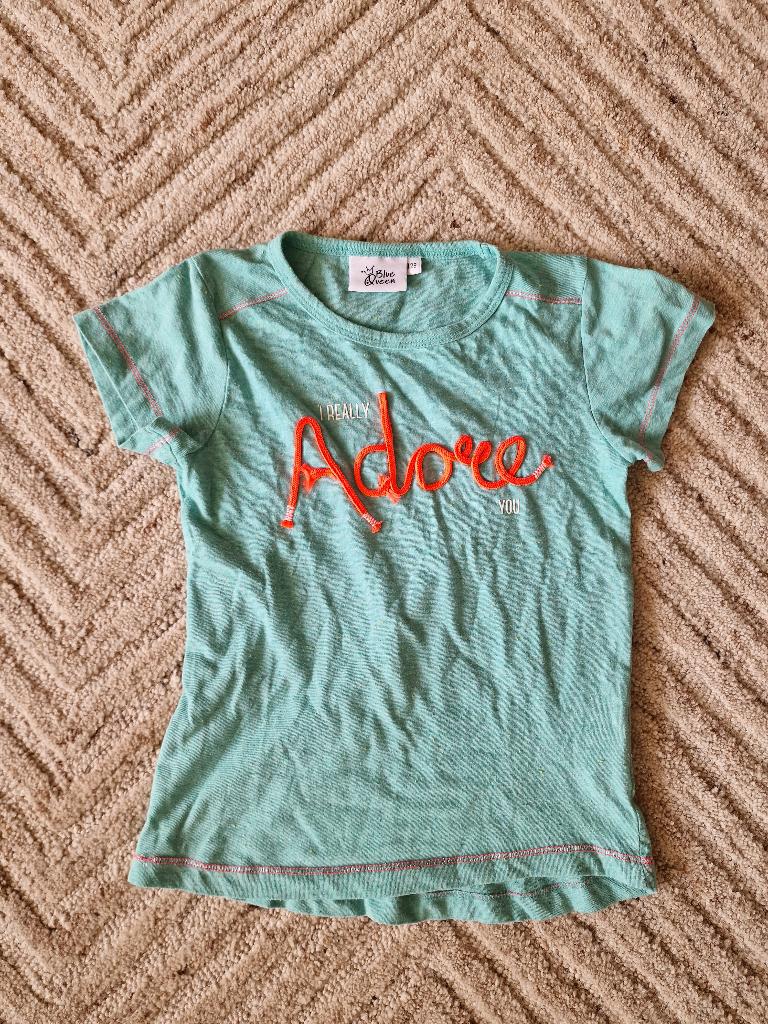 Mint groen Blue Queen shirtje met oranje letters maat 128, Gebruikt, Meisje, Ophalen of Verzenden, Blue Queen
