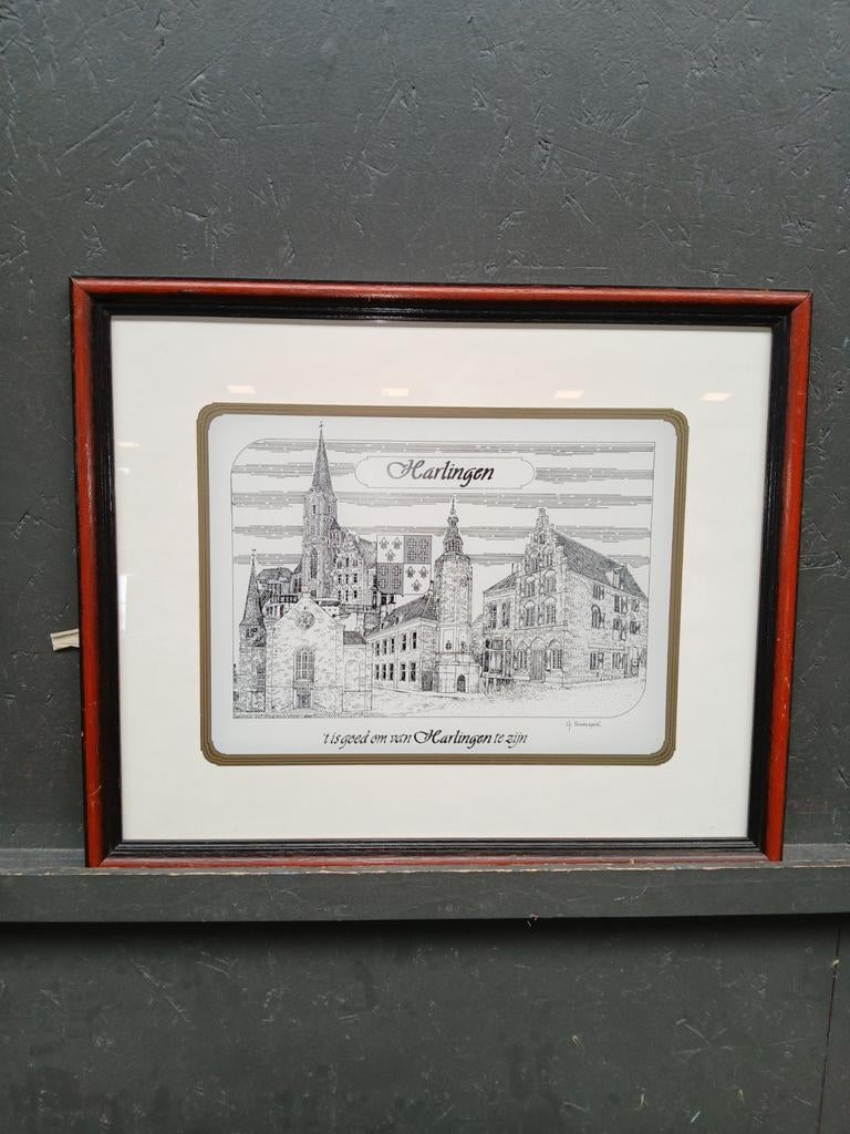 Lijntekening stadsgezicht Harlingen - Estafette Harlingen, Ophalen, Stadsgezicht, Ingelijst