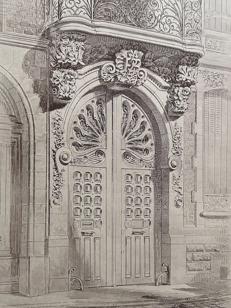Antieke print koetspoort - Art Nouveau litho 1910, Antiek en Kunst, Ophalen of Verzenden, Origineel, Lithografie, Architectuur