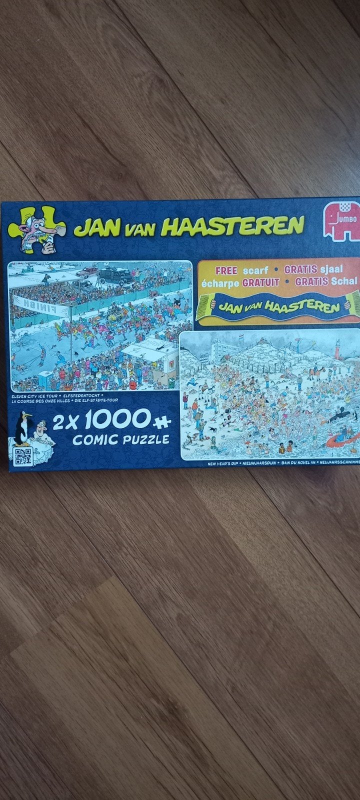 Jan van haasteren elfstedentocht/ nieuwjaarsduik incl sjaal, Ophalen of Verzenden, 500 t/m 1500 stukjes, Zo goed als nieuw