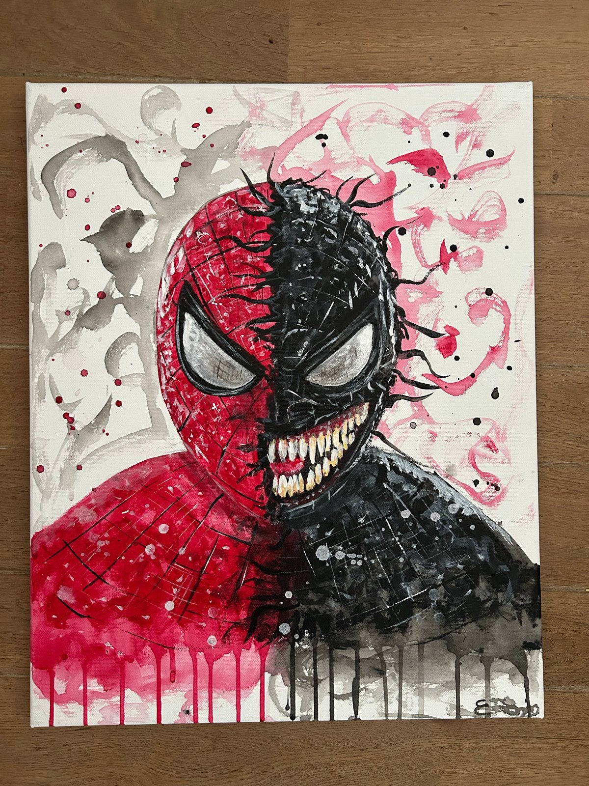 Spider-Man/Venom Acrylverf Schilderij 40-50 cm, Antiek en Kunst, Acrylverf, Stripfiguren/cartoons, Textiel, Gelakt/vernis