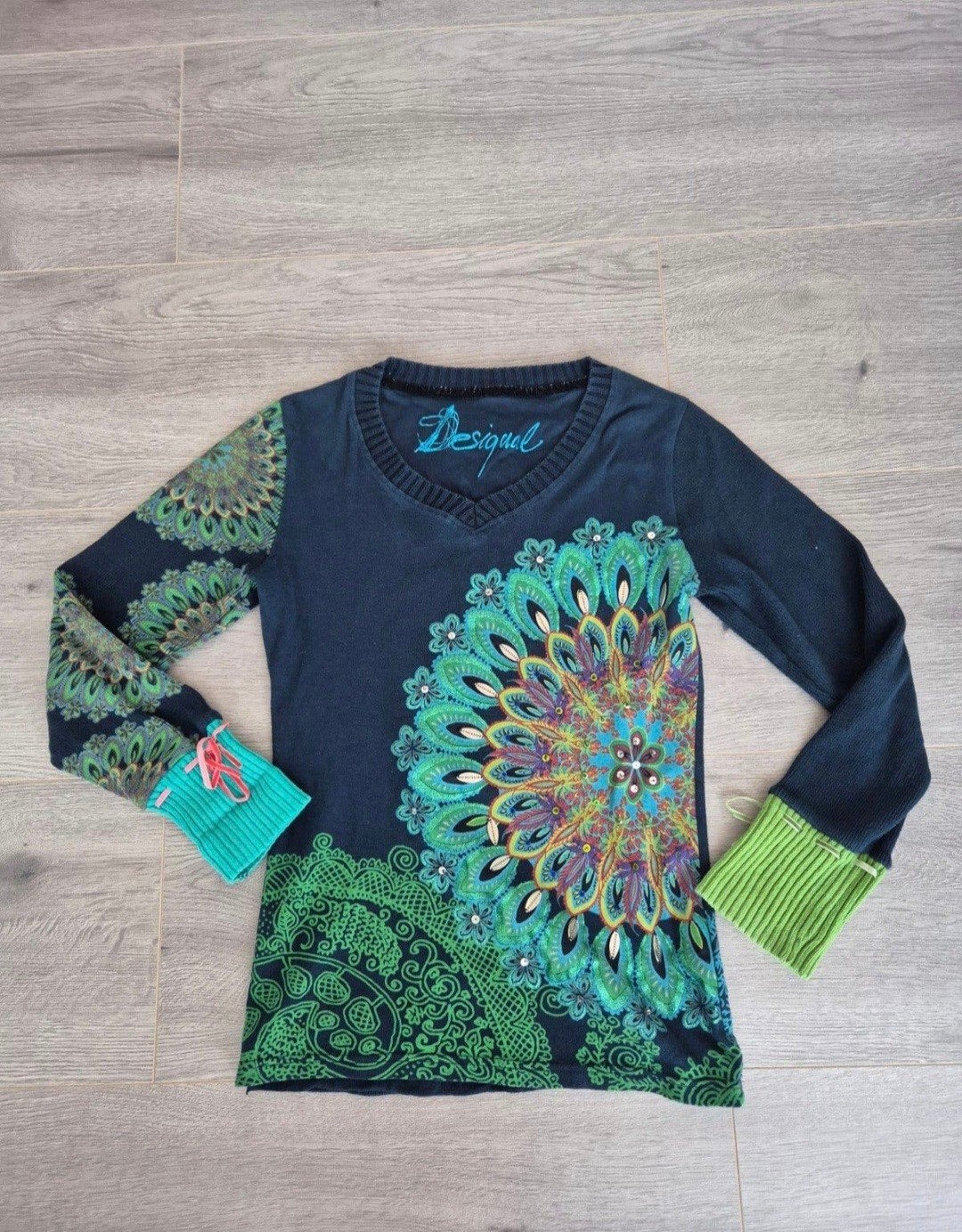 Desigual Dunne Trui / Longsleeve met Pauwenveren Print M, Maat 38/40 (M), Blauw, Ophalen of Verzenden, Desigual
