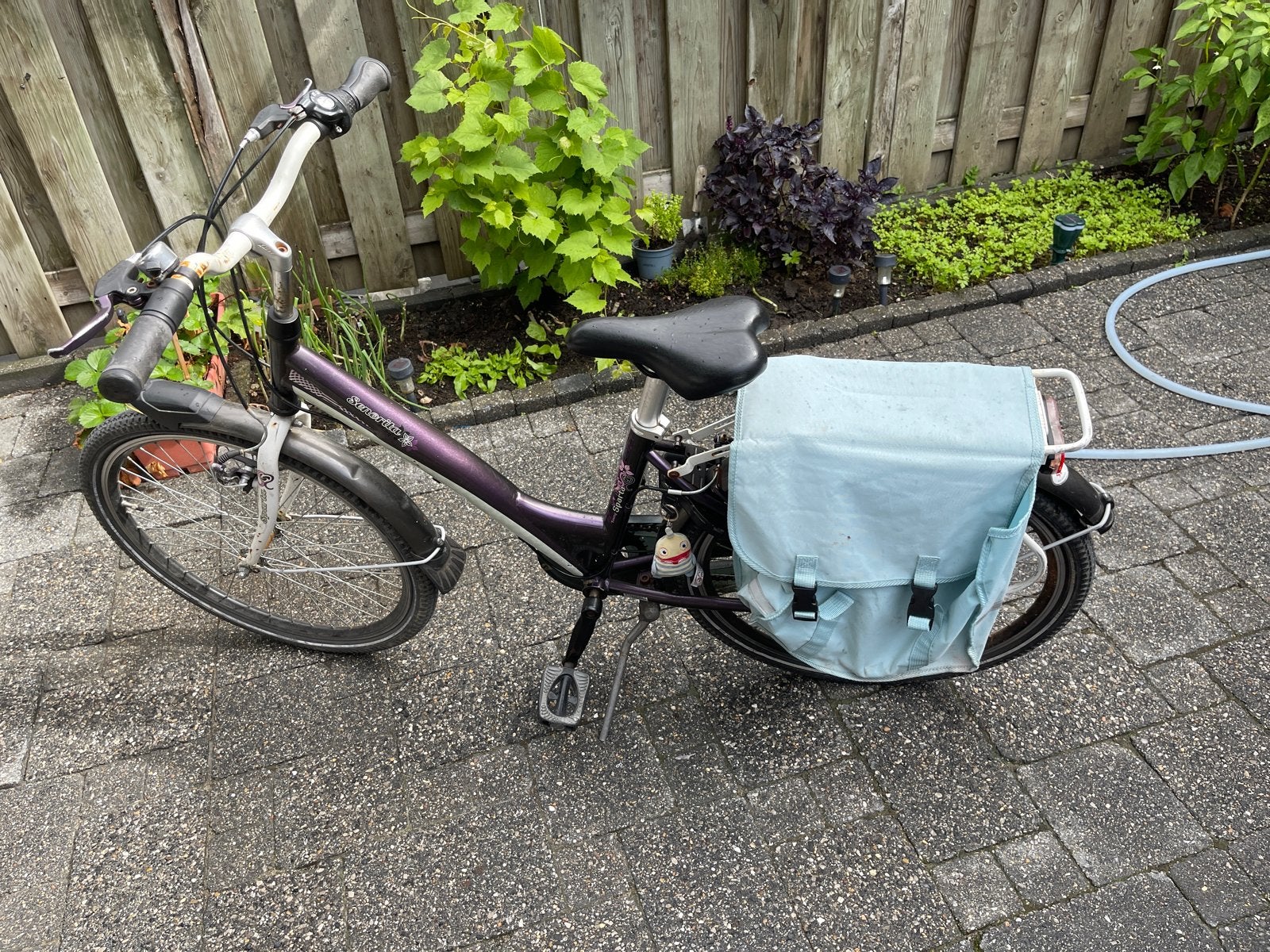 Paarse damesfiets met lage instap en fietstassen, Velgrem, 50 tot 53 cm, Ophalen, Overige merken