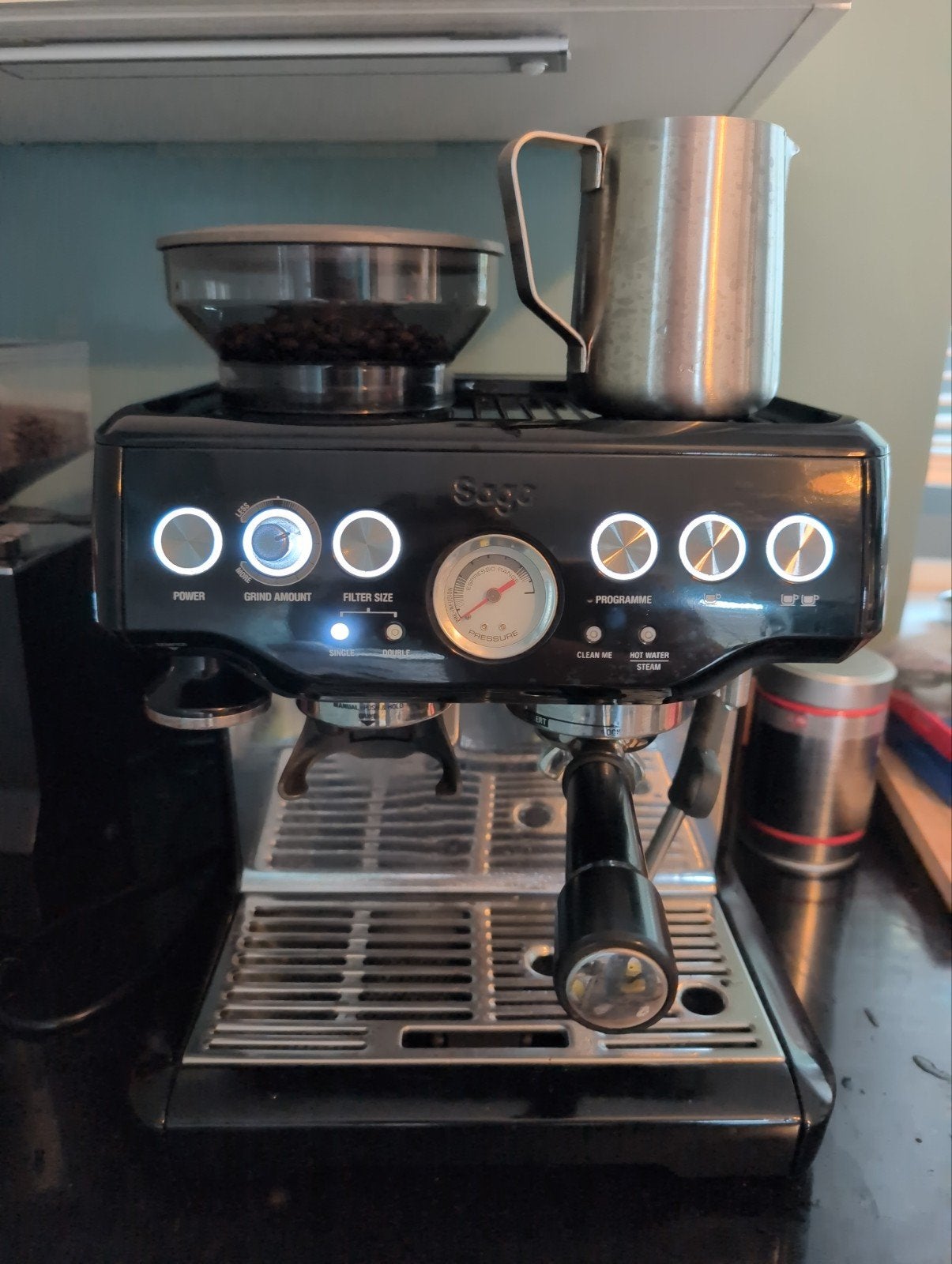Sage Barista Express Espressomachine - Zwart, Gebruikt, Espresso apparaat, 2 tot 4 kopjes, Gemalen koffie