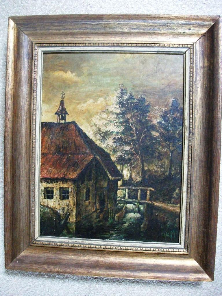 Watermolen ~ 1950 - Gesigneerd - paneel - gelijst, Ophalen of Verzenden