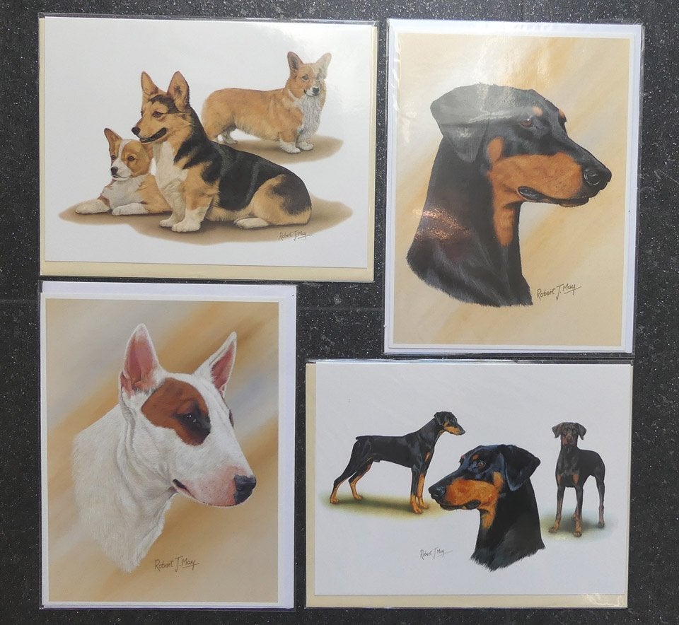 Robert J. May kaarten Dobermann Corgi Bull Terrier portret, Ophalen of Verzenden, 1980 tot heden, Ongelopen, Hond of Kat