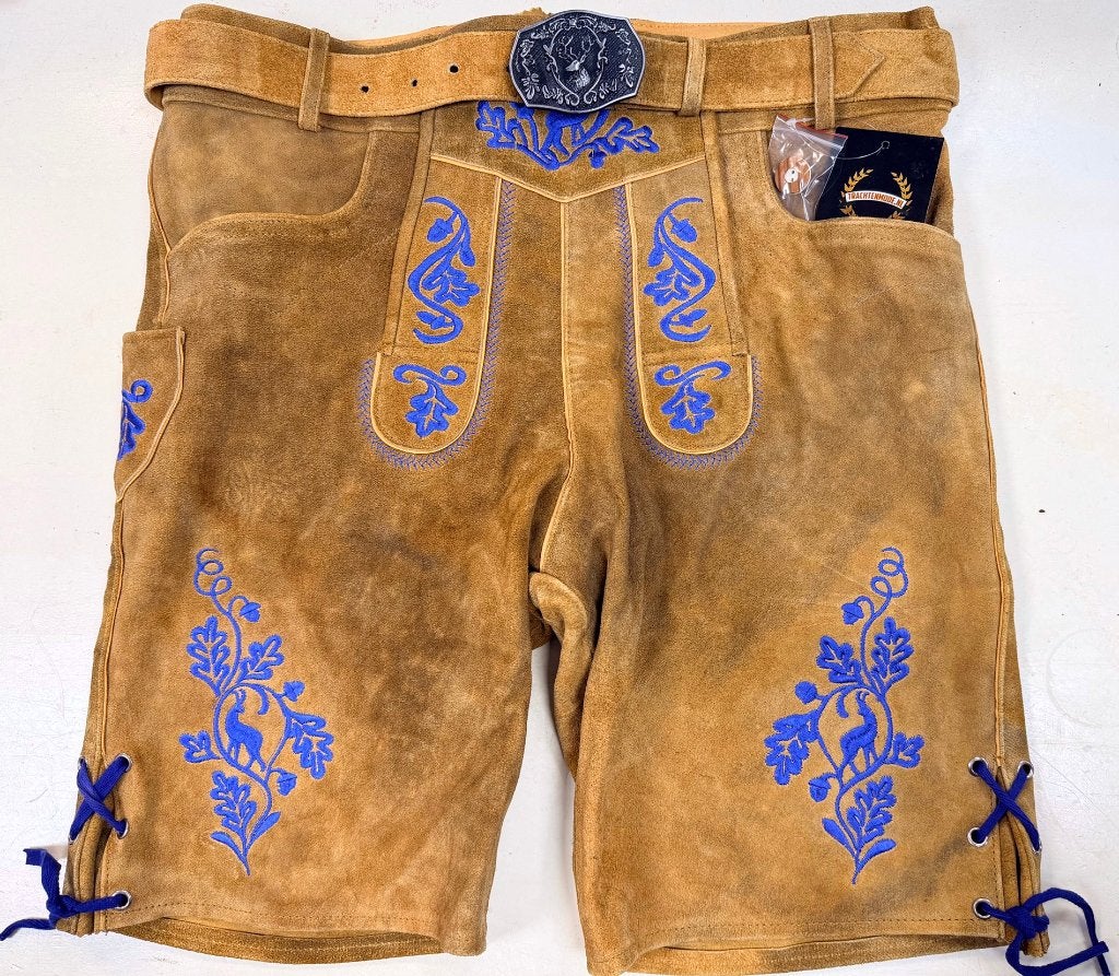 Heren lederhosen kort maat 48 tm 58 echt leer blauw, Maat 52/54 (L), Trachtenmode.nl, Nieuw, Ophalen of Verzenden