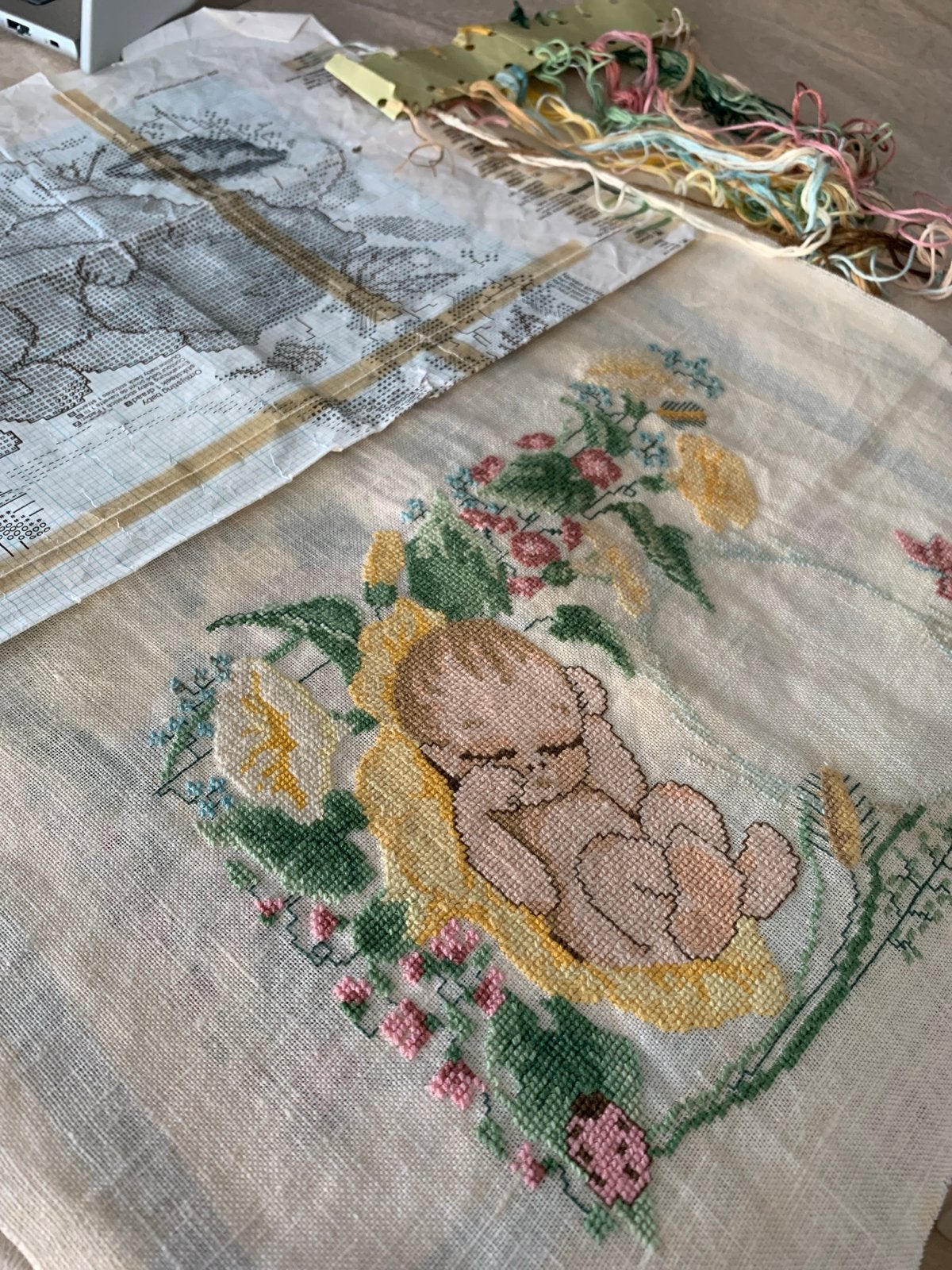 Borduurpakket baby in bloemenwiegje - zo goed als nieuw, Ophalen of Verzenden, Zo goed als nieuw, Handborduren, Borduurpakket