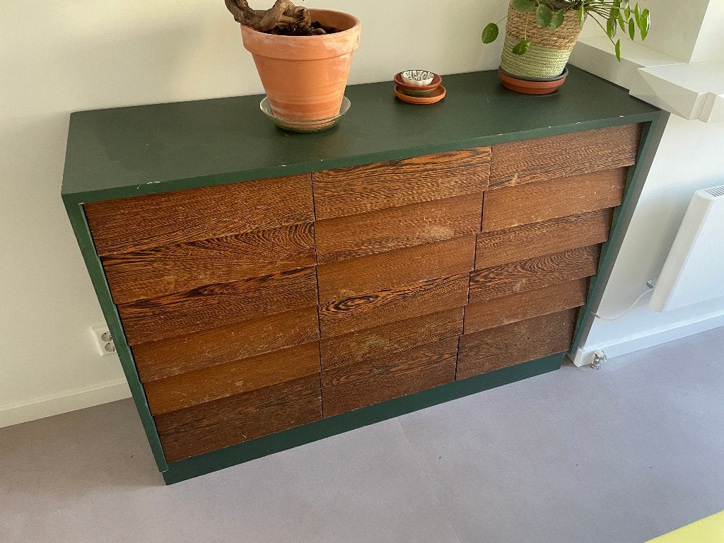Unieke houten kast met groen accent, Huis en Inrichting, Kasten | Vitrinekasten, Gebruikt, 100 tot 150 cm, Modern, Uniek, 100 tot 150 cm