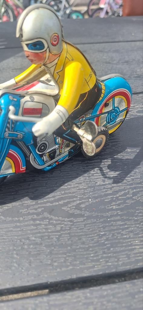 Vintage Opwindbaar Blikken Speelgoed Motor met Zijspan, Antiek en Kunst, Antiek | Speelgoed, Ophalen of Verzenden