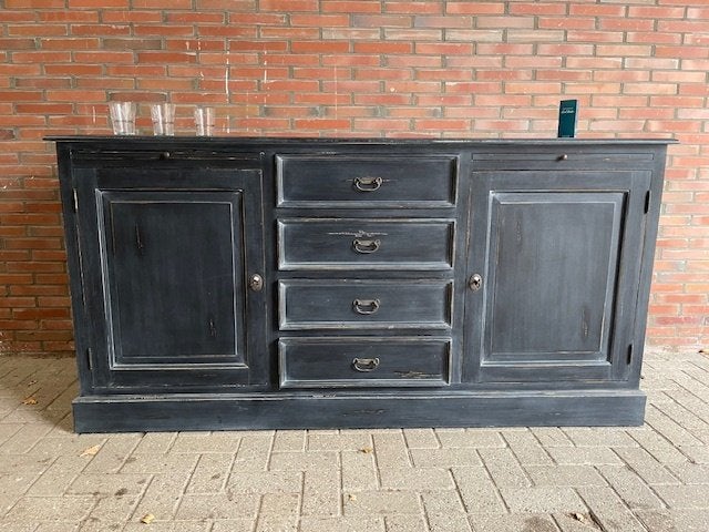 Dressoir 195 CM kleur Oud zwart geschilderd nu extra actie, Dressoir oud gemaakt 195 cm breed nu voor een actie prijs, 150 tot 200 cm