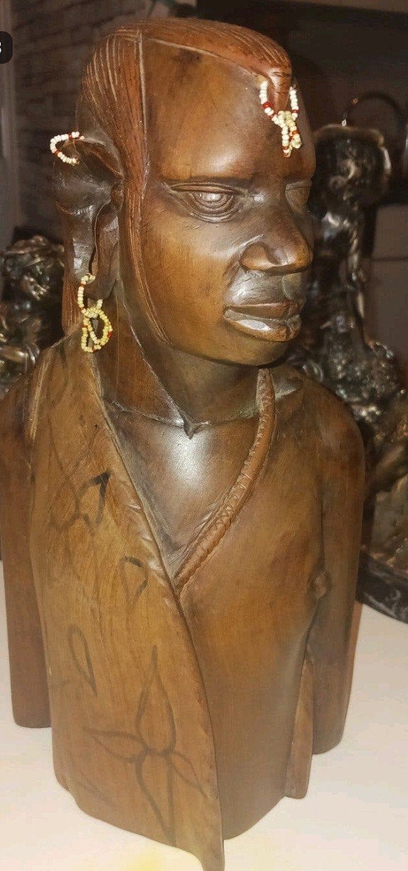 Houten Buste Afrikaanse Man met Kralen, Antiek en Kunst, Buste, Ophalen of Verzenden, Handgemaakt, 20 - 50 cm