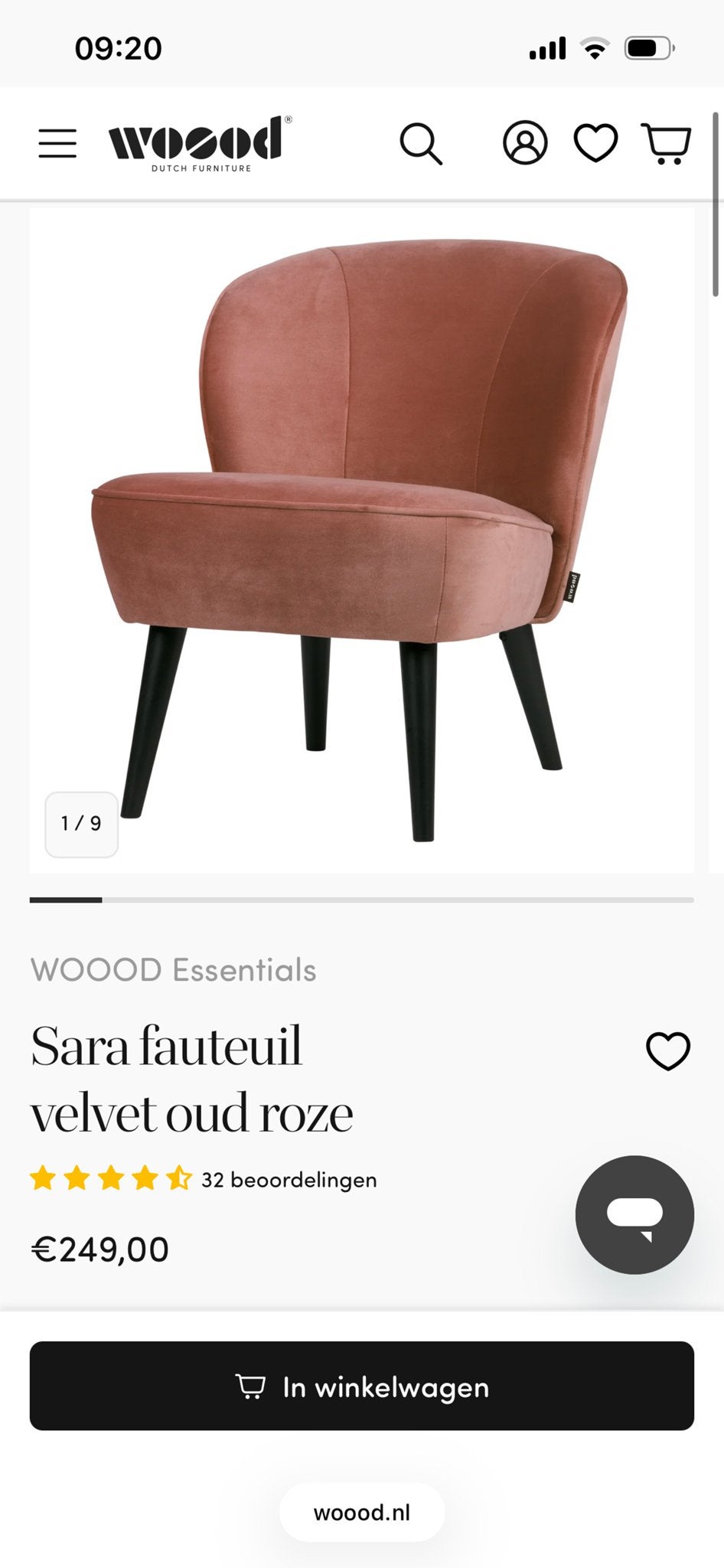 WOOOD SARA Fauteuil Oudroze Fluweel / Velvet Zwarte Poten, Huis en Inrichting, Fauteuils, Ophalen, Minder dan 75 cm, Zo goed als nieuw