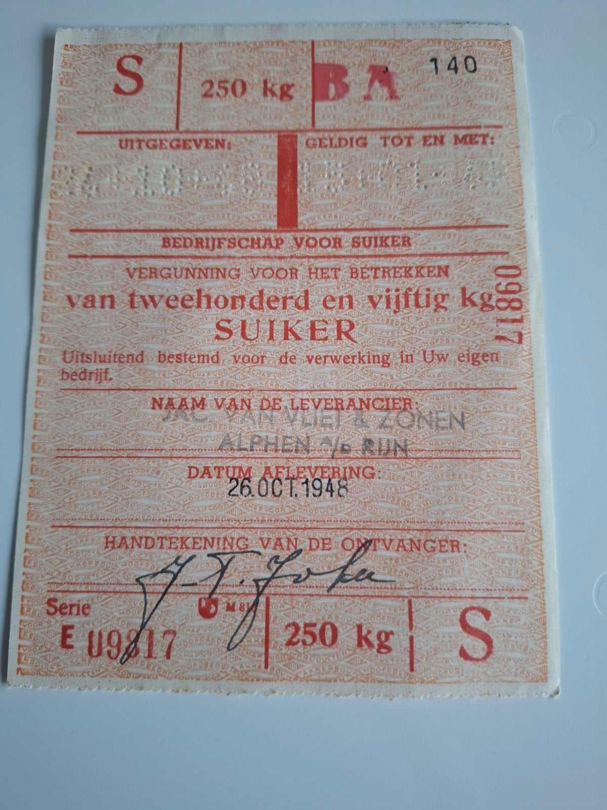 Suikerbon 250 kg bonkaart 1948 document voedselbon, Ophalen of Verzenden