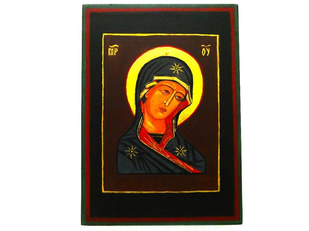 Handbeschilderd icoon van Moeder Gods goud aureool, Antiek en Kunst, Ophalen of Verzenden