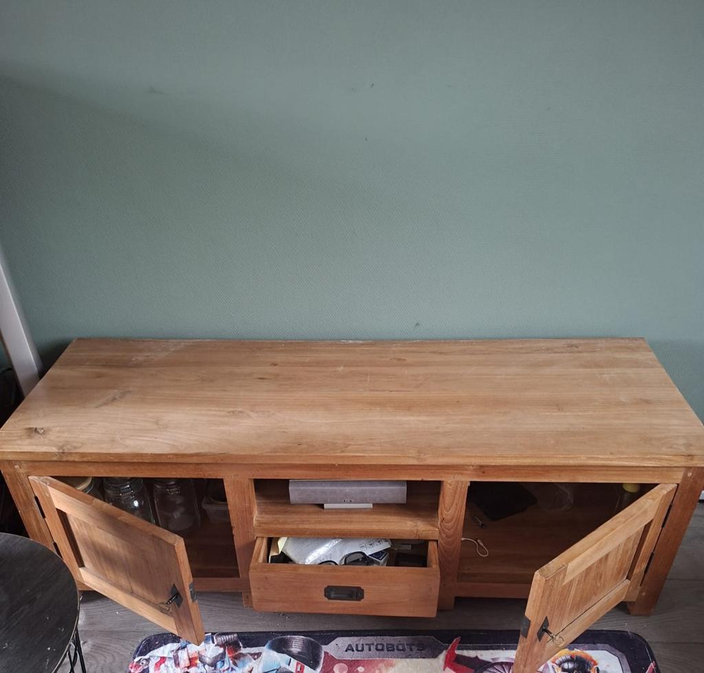 teakhouten tv kastje, Ophalen, Gebruikt, 100 tot 150 cm, Minder dan 100 cm
