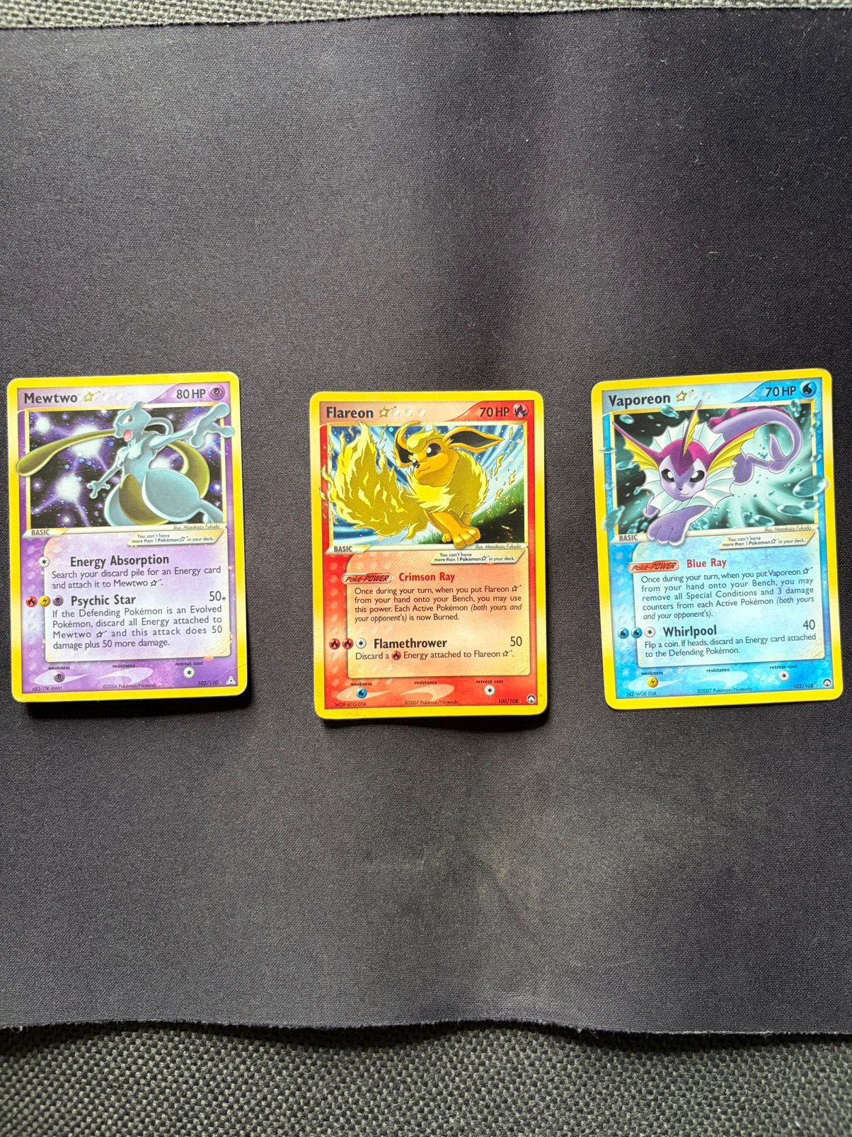 Pokemon Goldstar Mewtwo, flareon en vaporeon, Ophalen of Verzenden, Gebruikt, Losse kaart