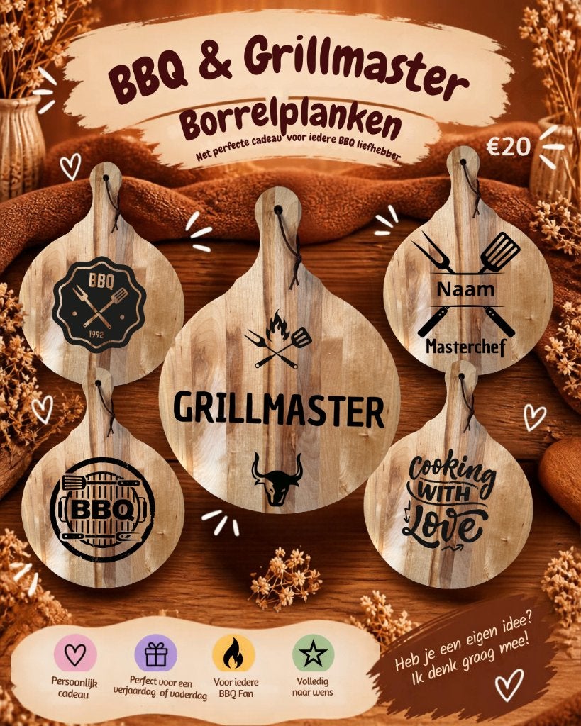 Gepersonaliseerde borrelplank voor kok/ bbq master, Huis en Inrichting, Beige, Hout, Snij-/serveerplank, Nieuw
