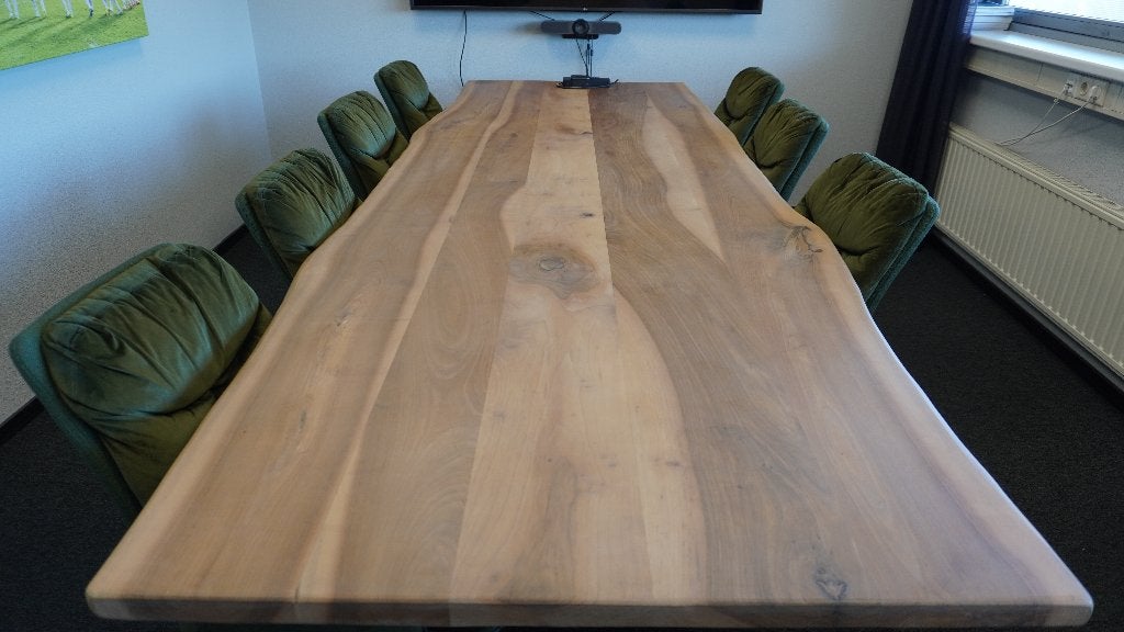 Houten eettafel met 7 groene stoffen stoelen, Ophalen, 100 tot 150 cm, 200 cm of meer, Zo goed als nieuw