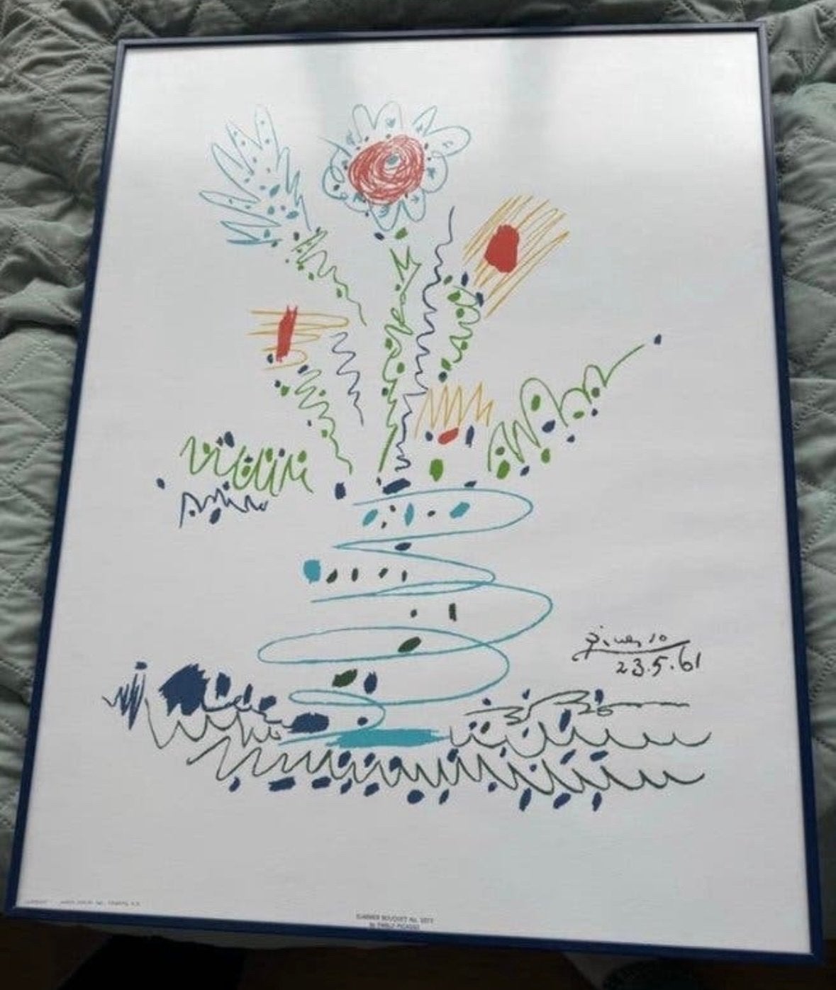 Abstracte bloemenprint, gesigneerd Picasso 23.5.61, Bloemen, Abstract, Ophalen of Verzenden, Gesigneerd