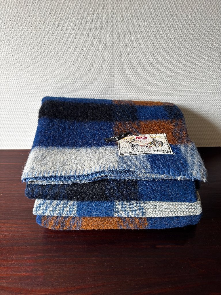 Vintage Wollen Deken, Blauwe Ruit, Aabe, Scheerwol Woondeken, Huis en Inrichting, Ophalen of Verzenden, Gebruikt