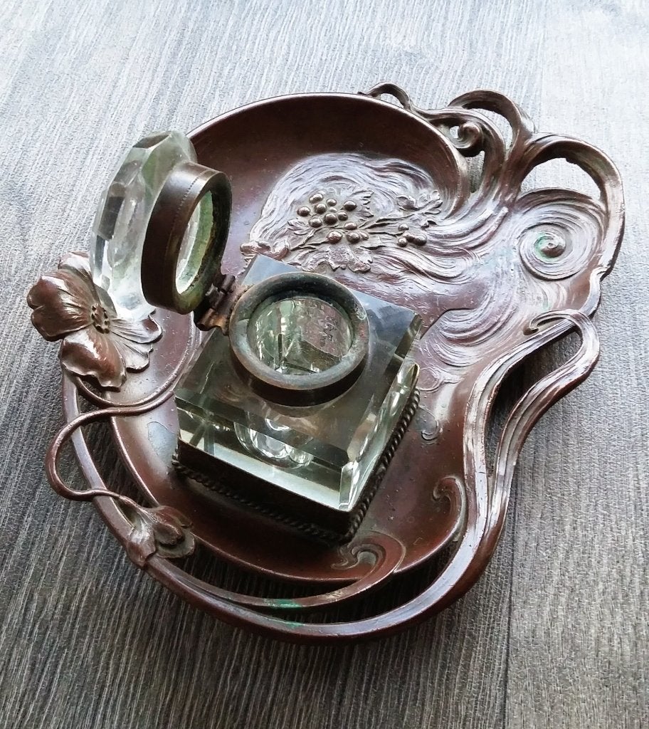 Omstreeks 1900 -1920 Tinnen Art Nouveau Inktstel Aflegschaal, Antiek en Kunst, Ophalen of Verzenden