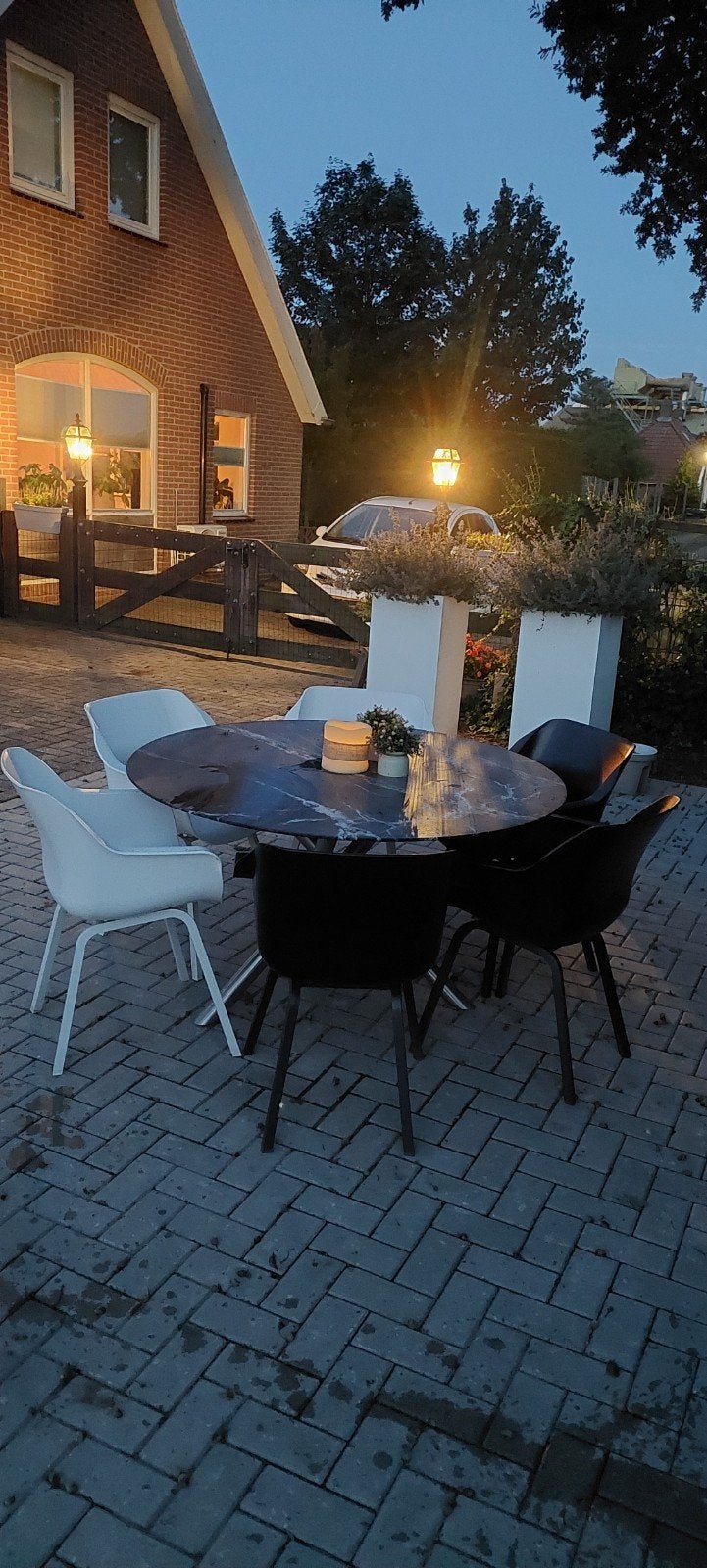 Compleet tuinset met granieten tafel  en 6 kuipstoe, Tuin en Terras, Tuinsets en Loungesets, Ophalen, 6 zitplaatsen, Zo goed als nieuw