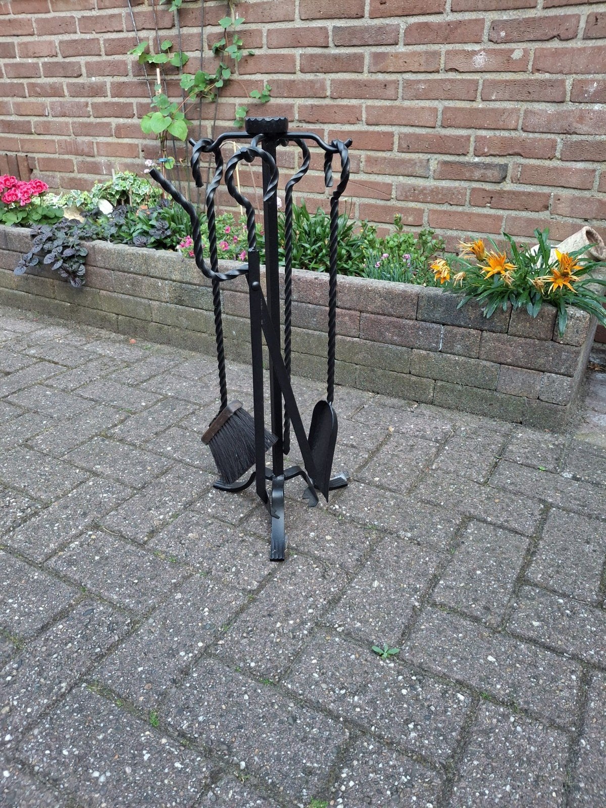 Smeedijzeren haardstel met 4 accessoires, Ophalen, Nieuw, Vrijstaande haard, Houthaard