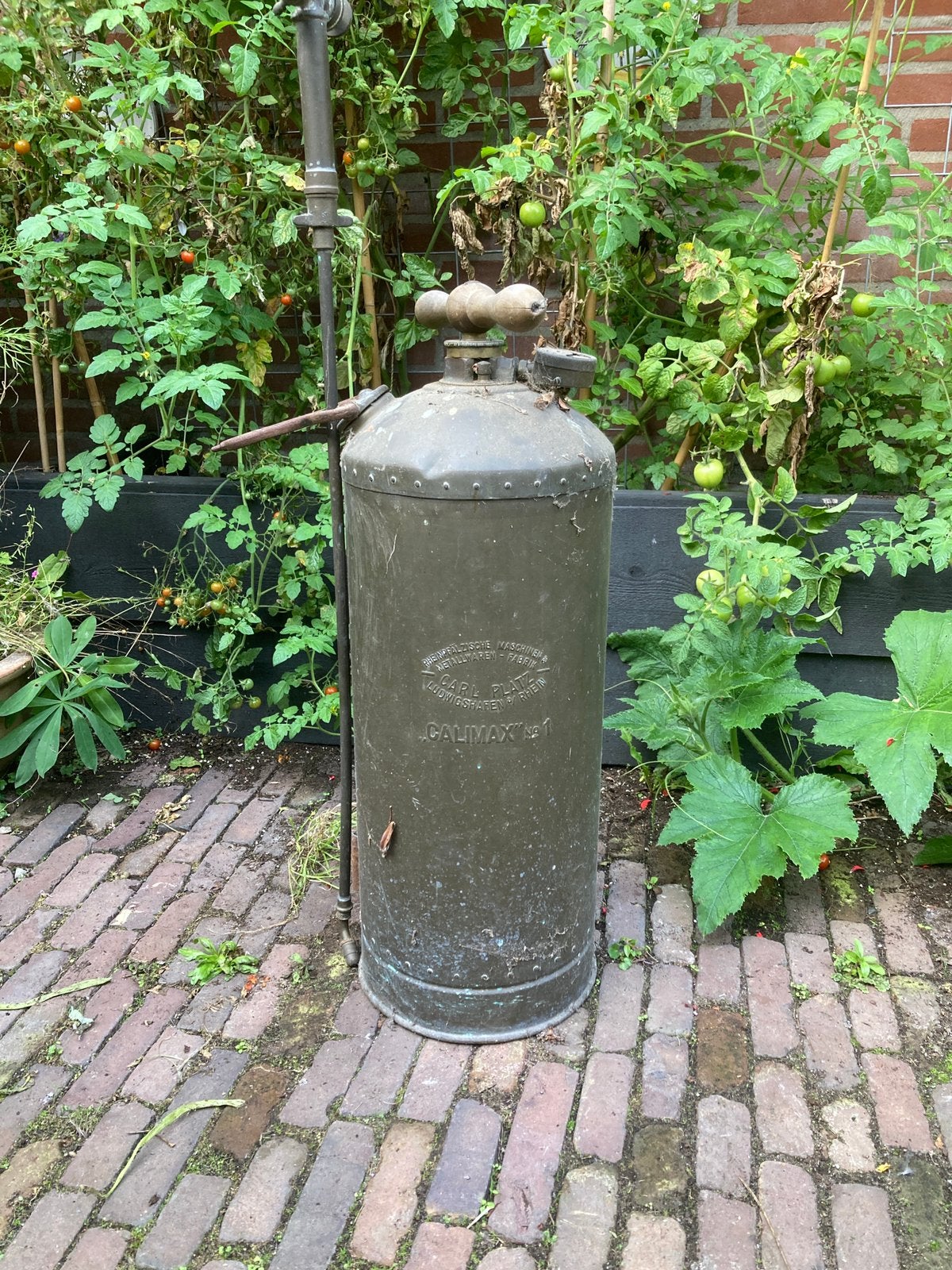 Antieke koperen Calimax plantenspuit, Ophalen, Koper