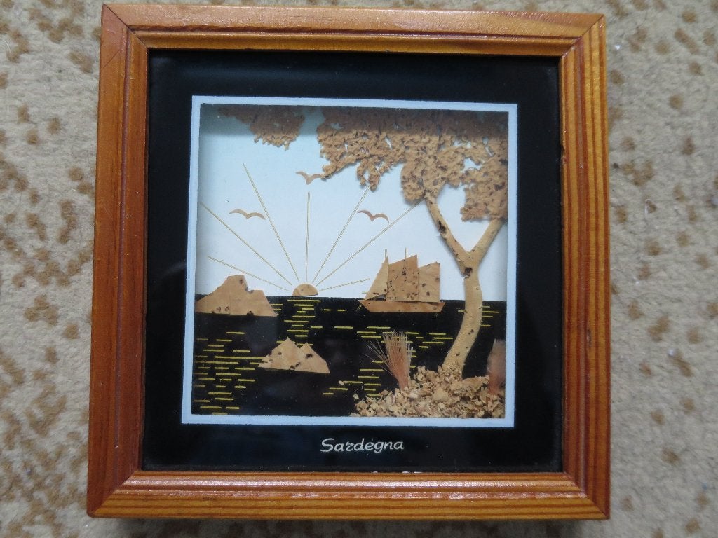 mooi handgemaakt schilderijtje kurk achter glas 13,5/13,5 cm, Ophalen of Verzenden
