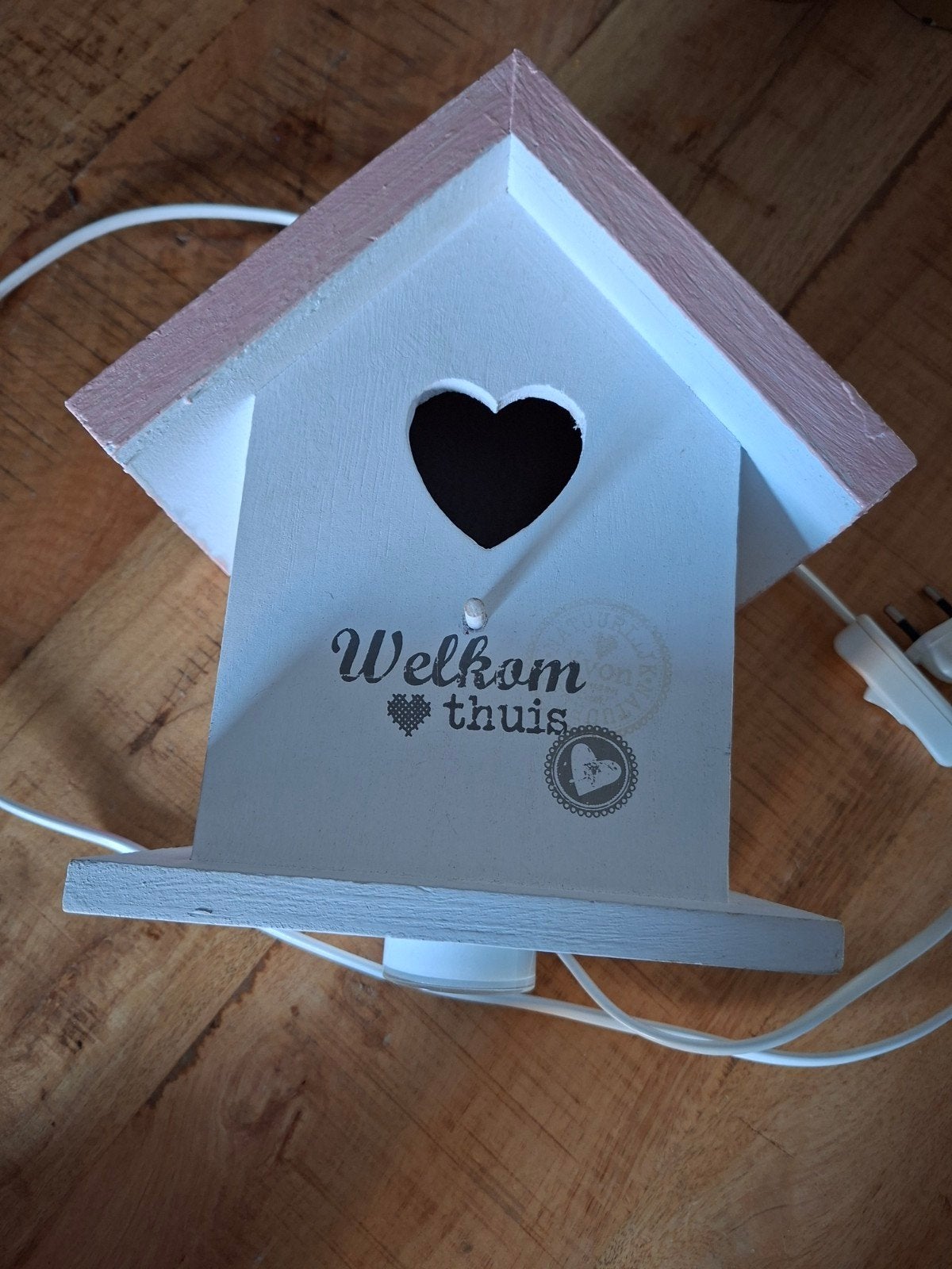 Decoratief vogelhuisje met LED-verlichting - Welkom thuis, Ophalen, Hout, Wit, Landelijk