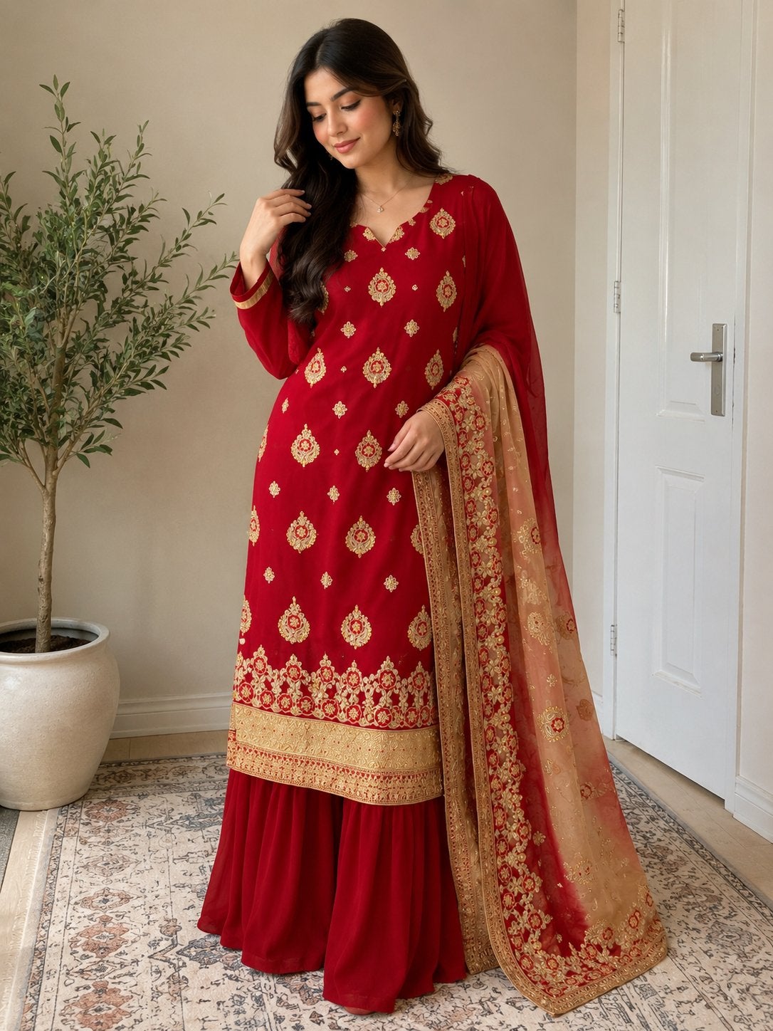 Prachtige rode Indiase/Pakistaanse sharara set, Maat 42/44 (L), Nieuw, Ophalen of Verzenden, Rood