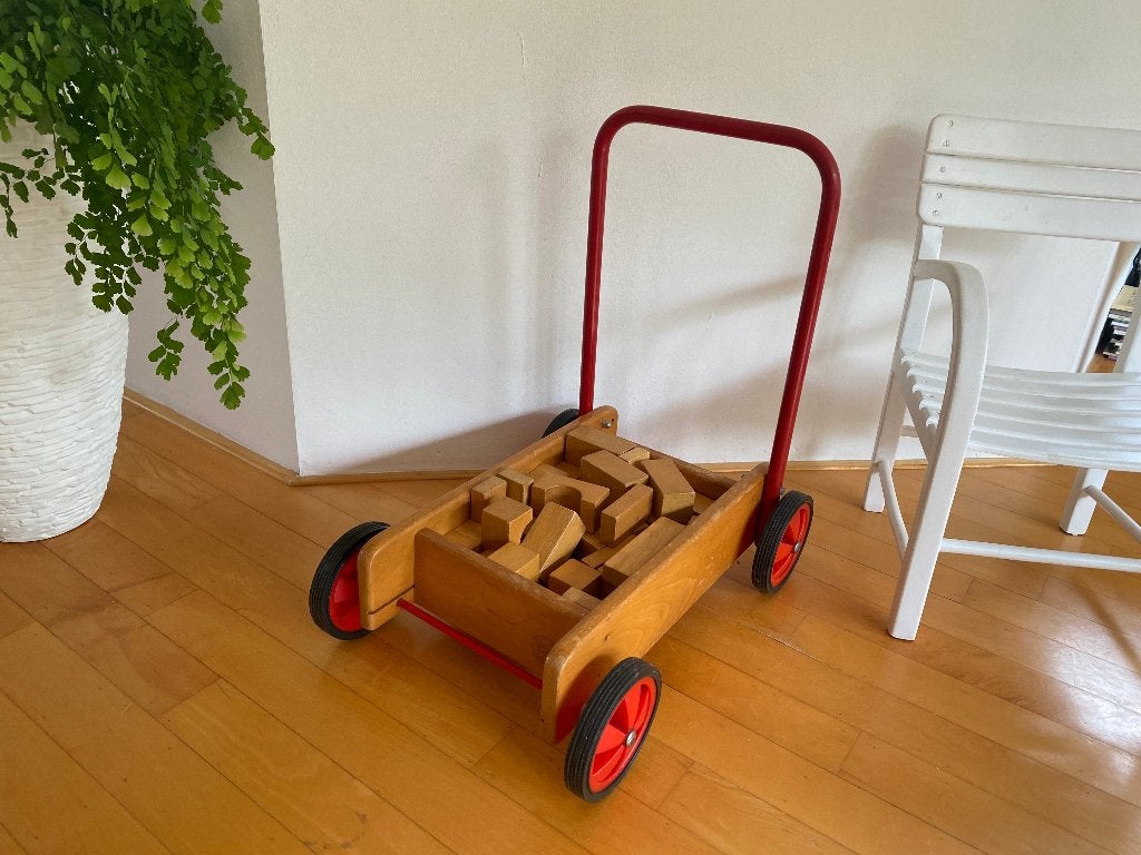 Houten blokkenkar vintage 1981 met blokken, Ophalen, Gebruikt, Duw- of Trekspeelgoed