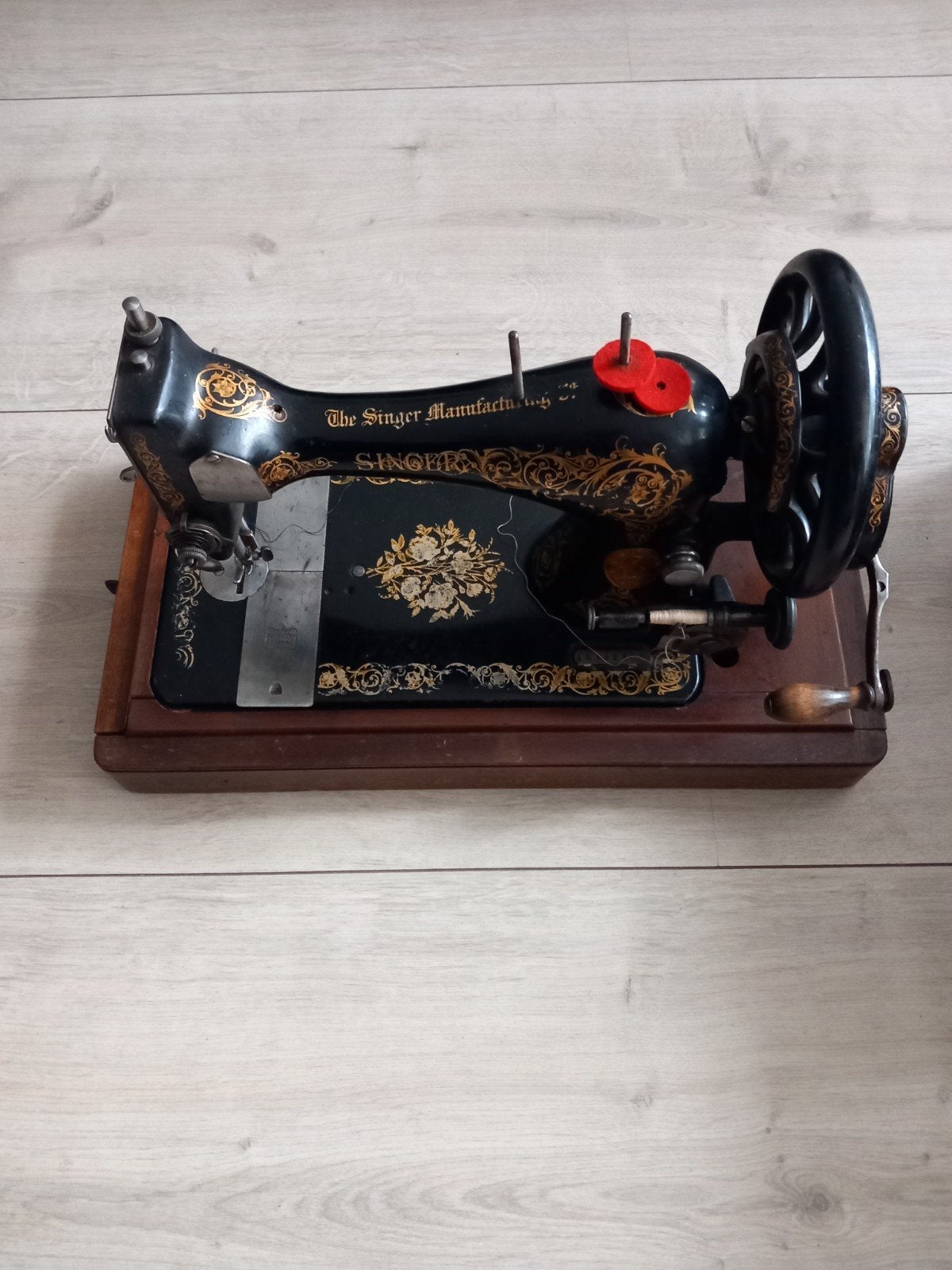 Antieke Singer handnaaimachine met houten kap, Ophalen of Verzenden