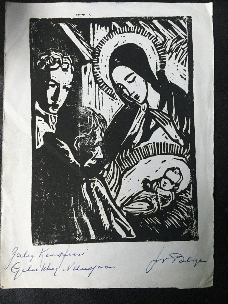 Lino ondertekend J.van Bergen  maria kindeke Jezus ., Antiek en Kunst, Gesigneerd, Ophalen of Verzenden, Portret en Figuren, Linosnede