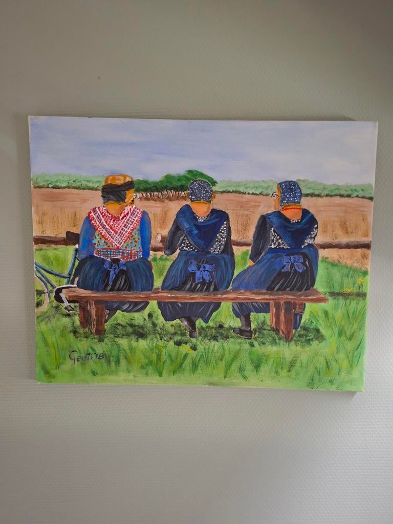 Schilderij: Drie vrouwen in klederdracht op bankje, Antiek en Kunst, Ophalen