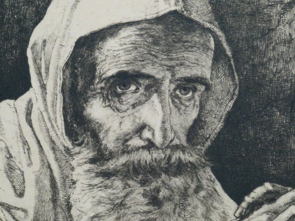 Biddende Kluizenaar met schedel van Willem Geets gesigneerd, Antiek en Kunst, Kunst | Etsen en Gravures, Ingelijst, 1800 - 1899