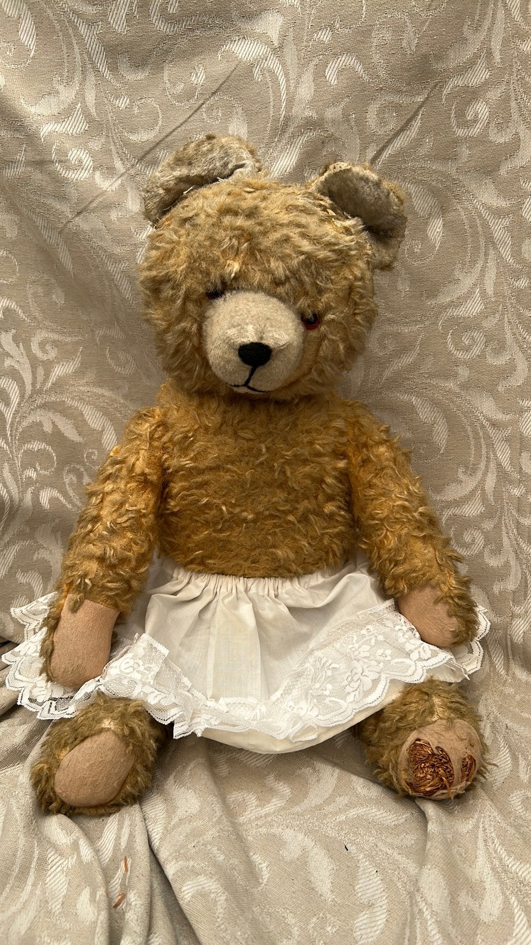 1920 oude teddybeer antiek 70 cm met kanten rokje, Overige merken, Gebruikt, Stoffen beer, Ophalen of Verzenden