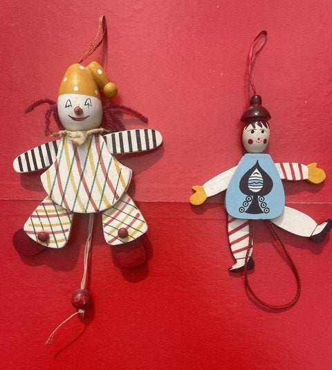 2 houten trekpoppen clowns, Ophalen of Verzenden, Gebruikt