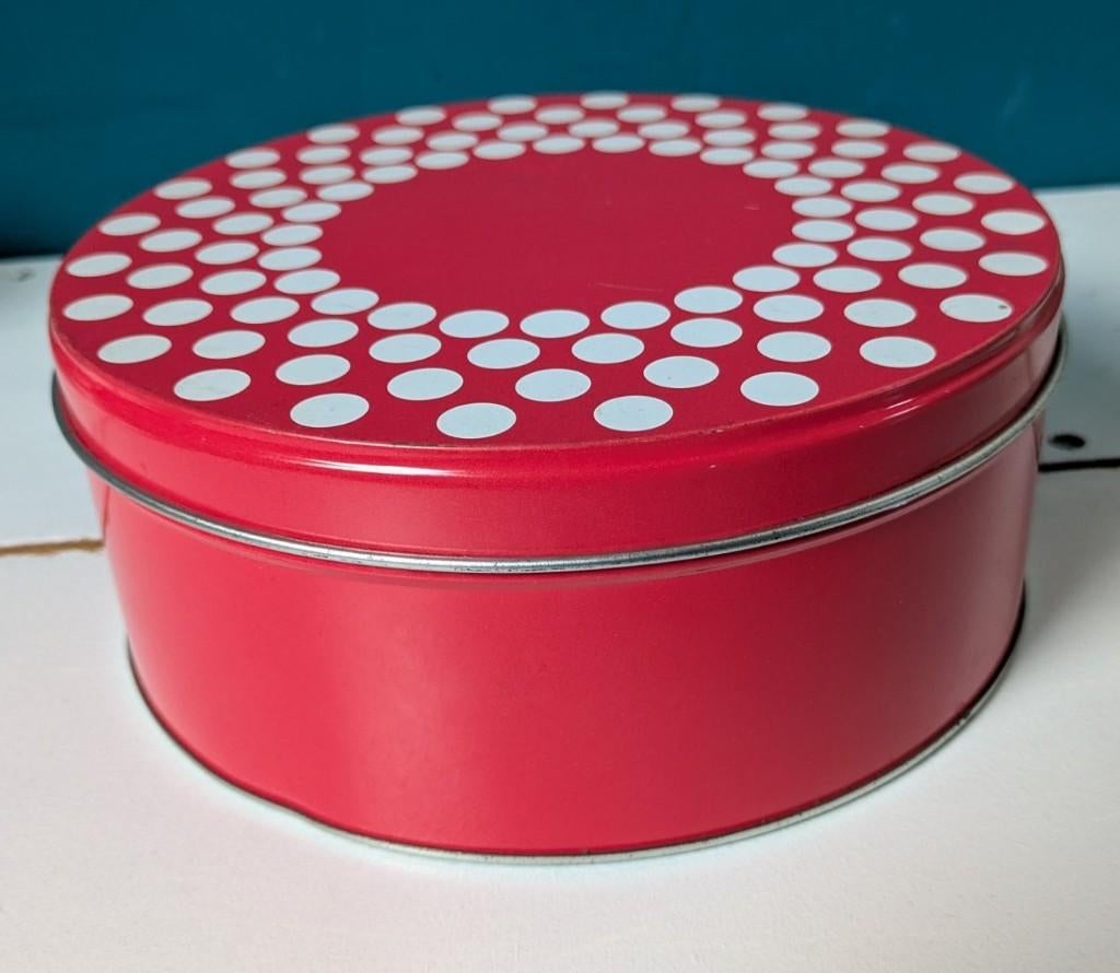 Hema rood met witte stippen koektrommel, Verzamelen, Blikken, Ophalen of Verzenden, Gebruikt, Koek(jes), Overige merken