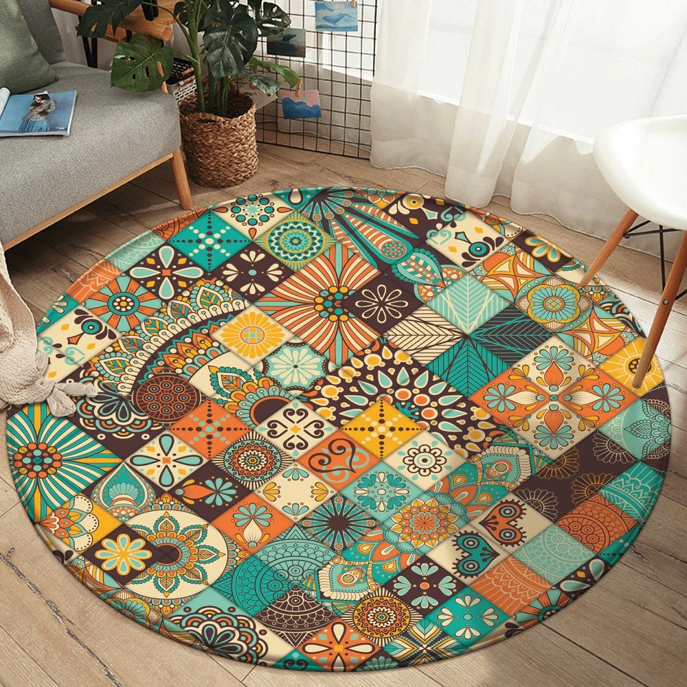 Bohemian Rond Vloerkleed 1 Tapijt Mat Boho Blauw Geel Oranje, Verzenden, Nieuw, Blauw, Rond