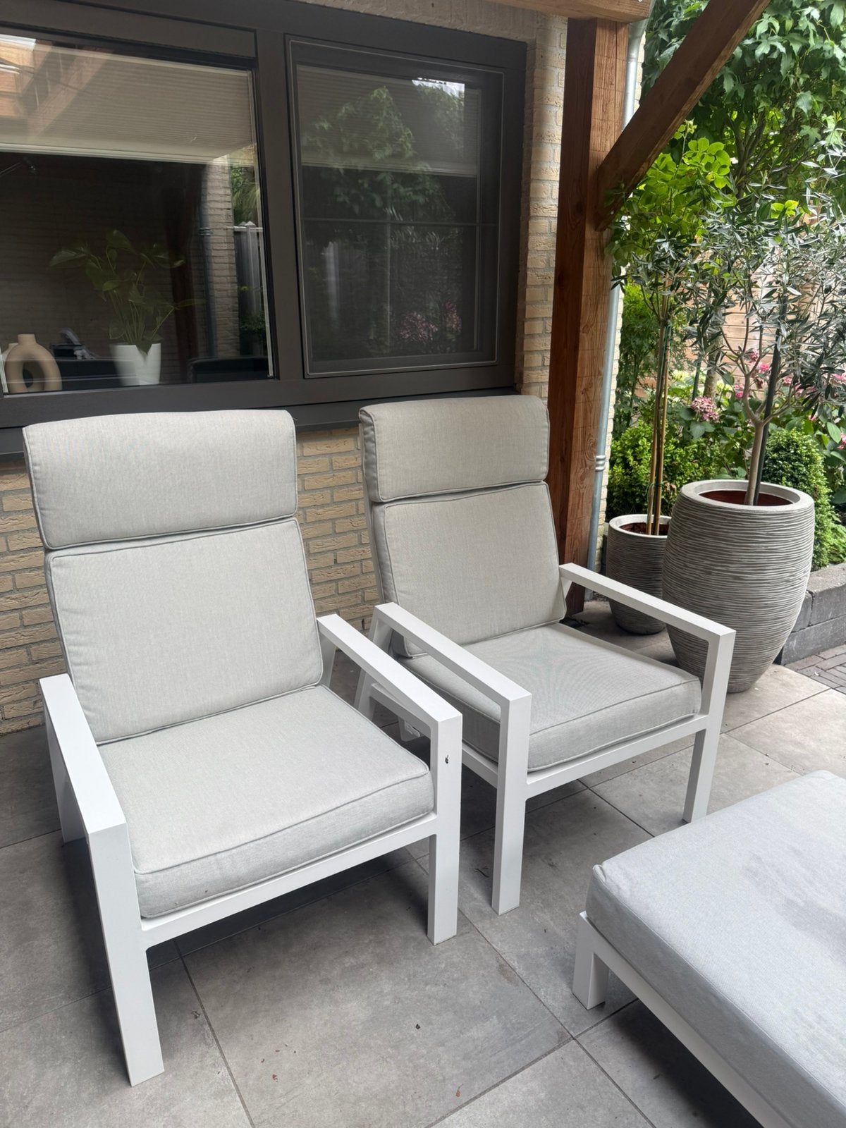Bellagio manifesto 2x stoel met ligstand + voetenbank 70x70, Aluminium, Zo goed als nieuw, Loungeset, Stoel