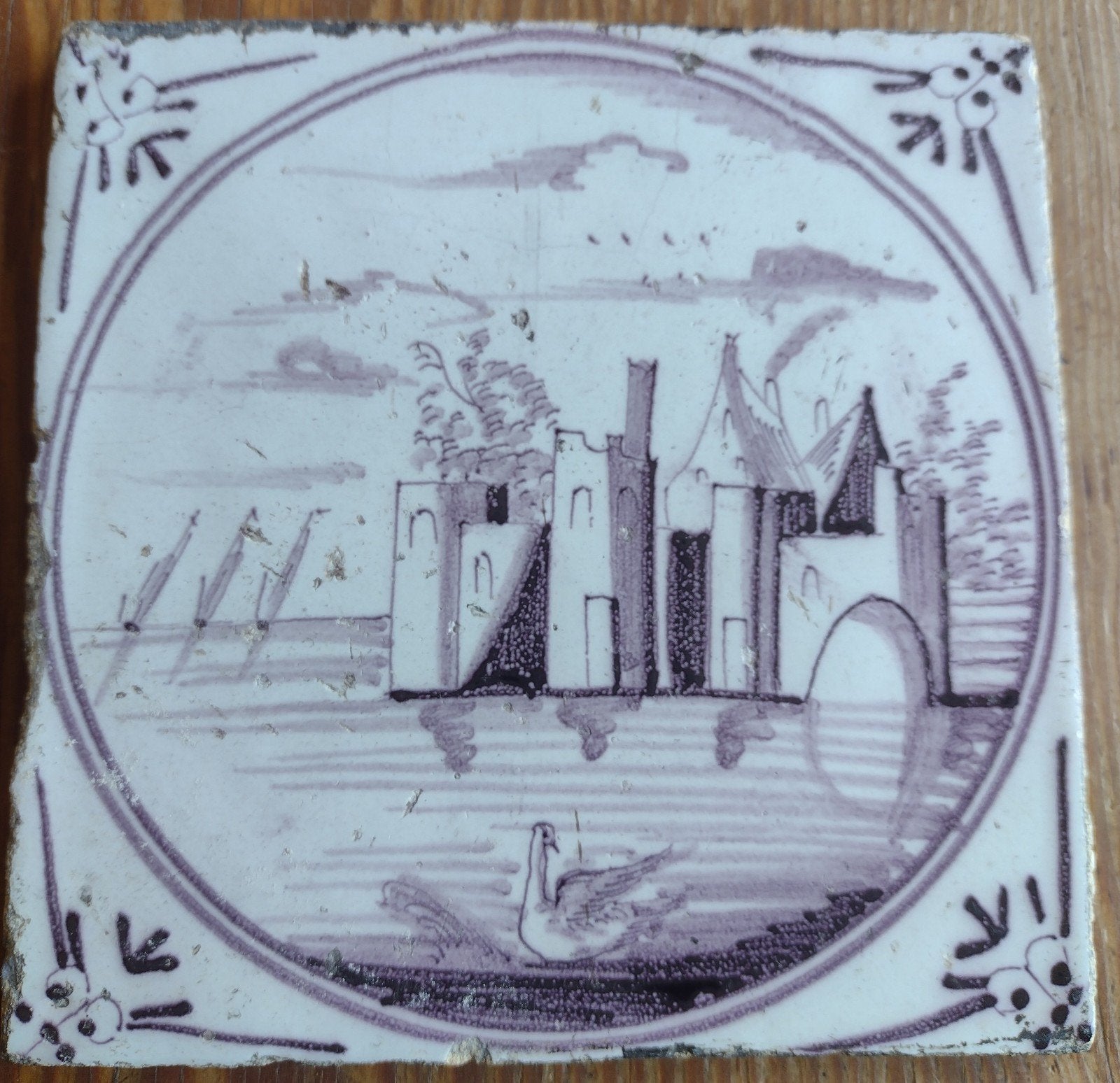 antieke mangaan tegel met landschapsmotief, Antiek en Kunst, Ophalen