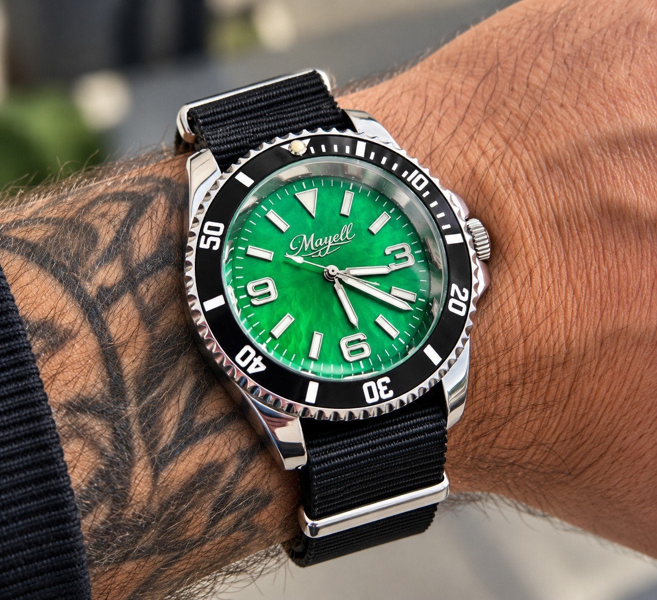 Mayell Duikerhorloge 40mm Groene Wijzerplaat seiko vh31, Ophalen of Verzenden, Staal, Overige merken