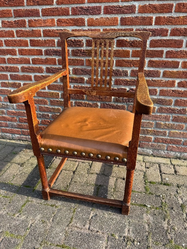 Antieke houten stoel met leren zitting, Ophalen, Gebruikt, Bruin, Hout