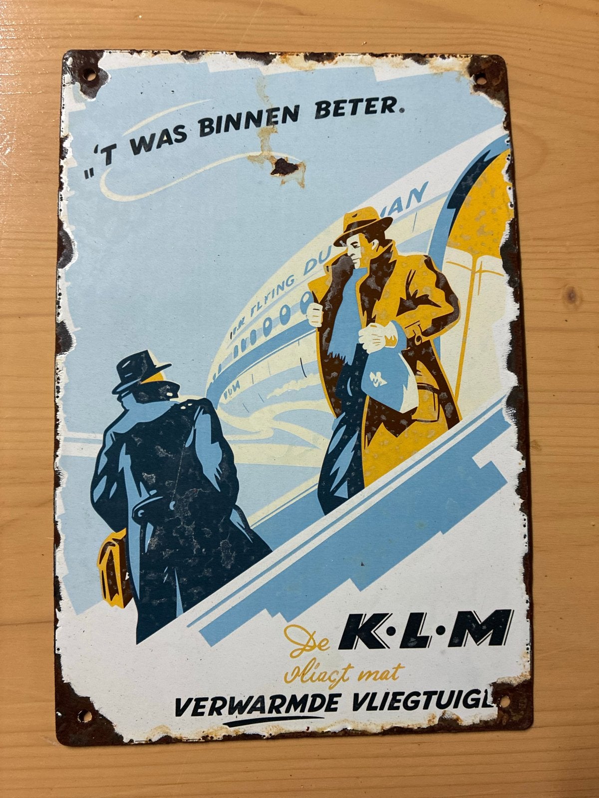 Vintage KLM Emaille Reclamebord - 'T Was Binnen Beter, Ophalen of Verzenden