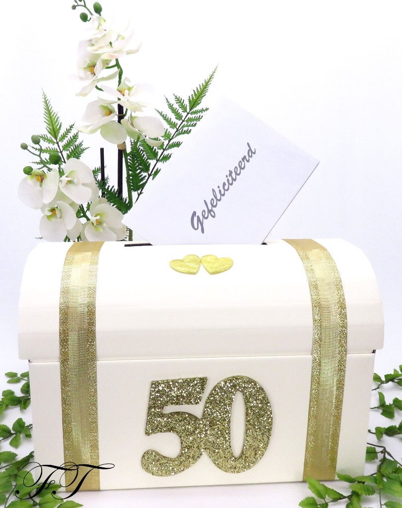 Schitterende 50 jaar gouden jubileum enveloppendoos., Ophalen of Verzenden, Nieuw, Feestartikel, Geboorte of Huwelijk
